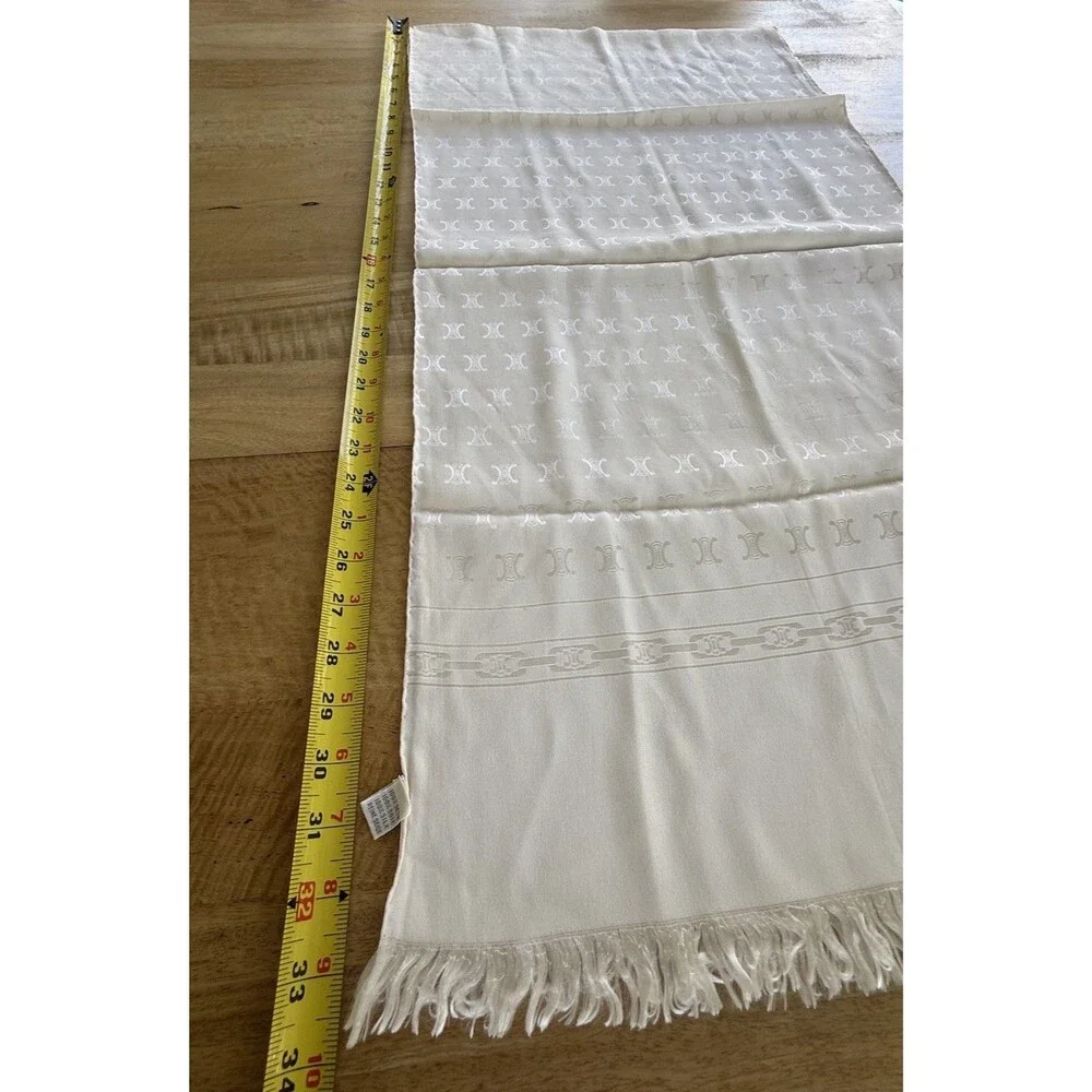 VTG Celine Paris 66” X 17” Ivory Tone On Tone Monogram Silk Scarf inch EVC